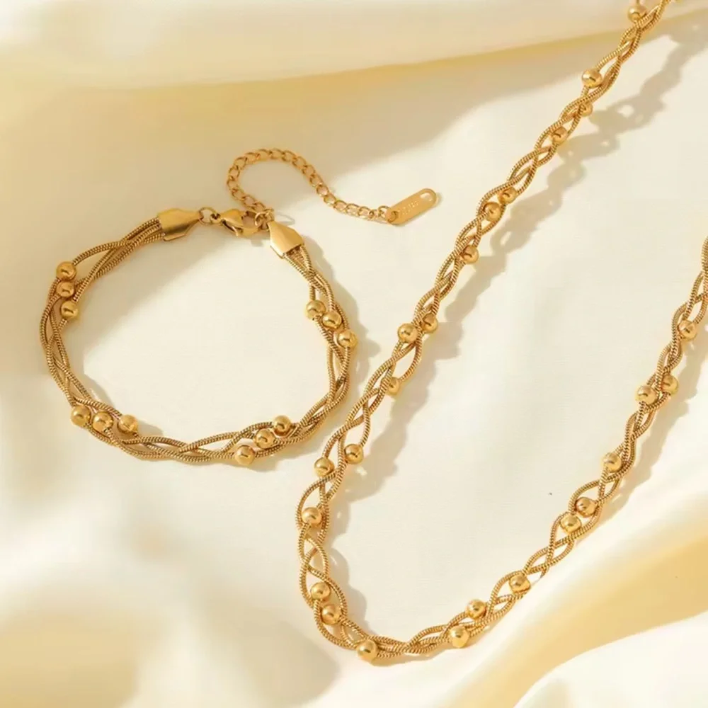18K Gold plated Bead Winding Chain Necklace Bracelets Set Stainless Steel